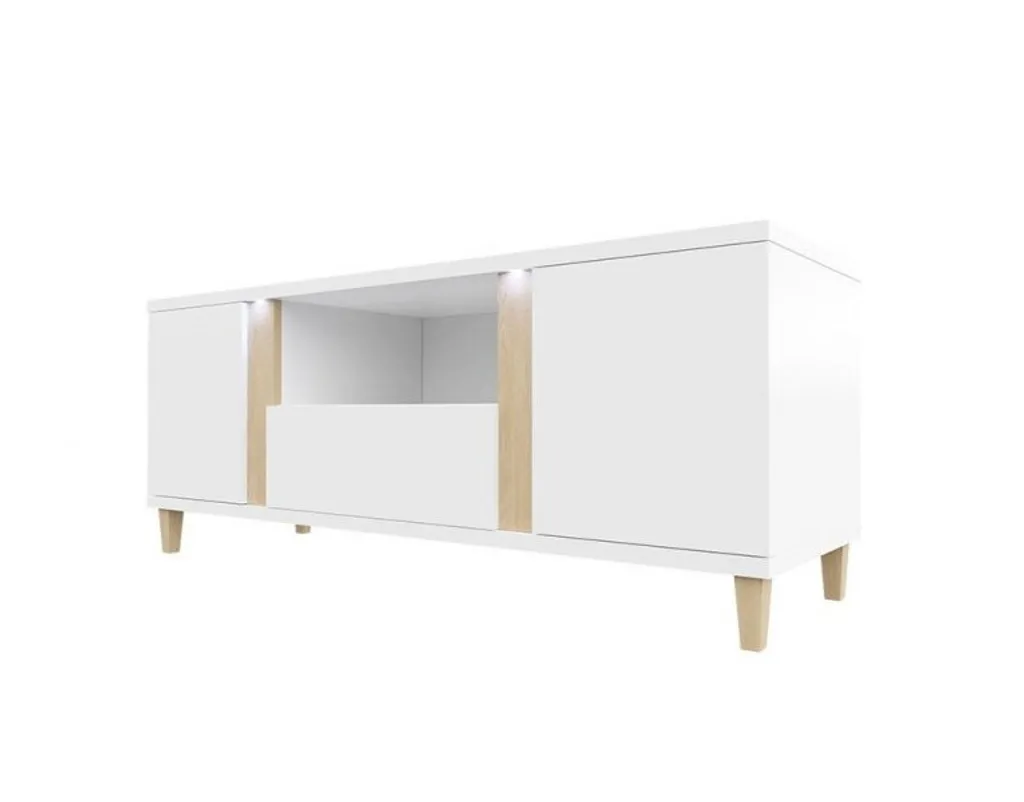 Banc TV blanc laqué et bois avec LED intégrées pour salon moderne