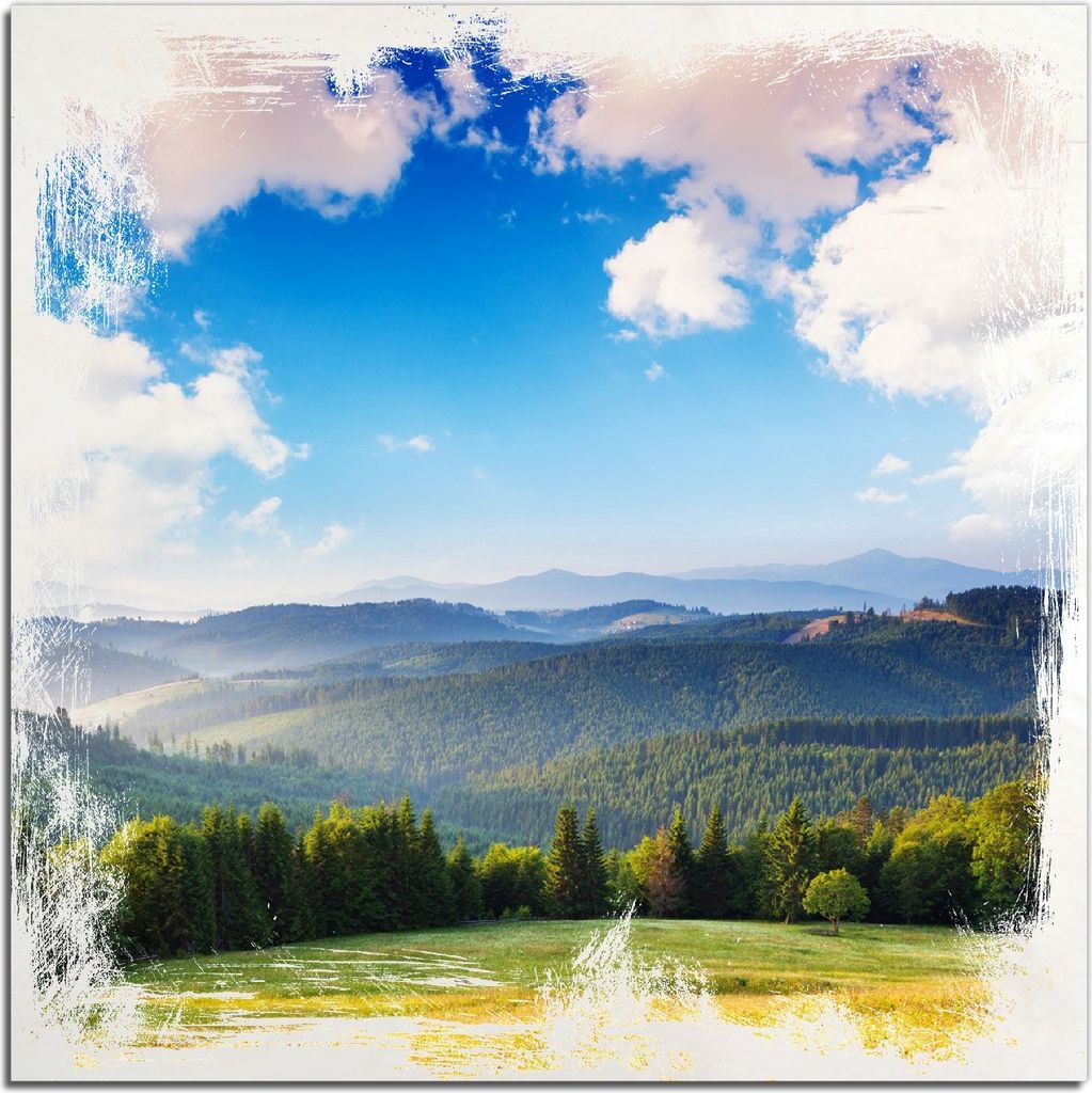 Kunstdrucke Wandbilder Holz in : Brillante Farben, Größe 50 x 50 cm Motiv Berglandschaft im Gebirge unter blauem Himmel