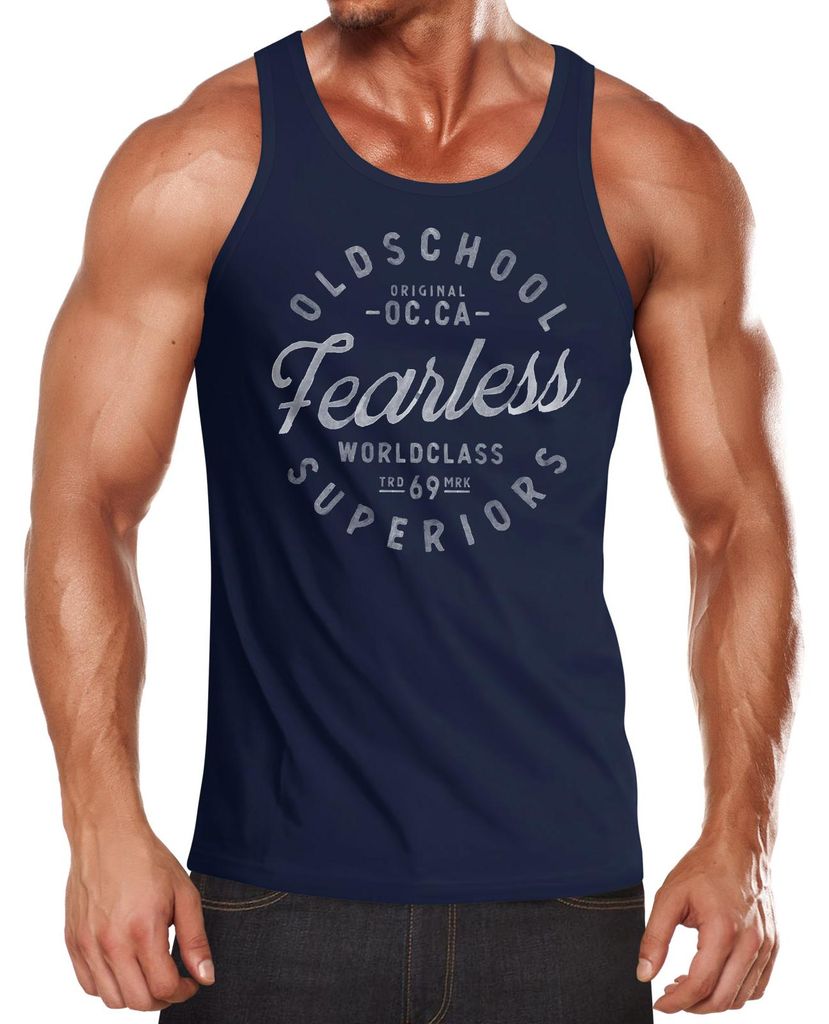 Herren Tank-Top Aufschrift Oldschool Fearless Retro Printshirt Muskelshirt Muscle Shirt Neverless navy weiß L