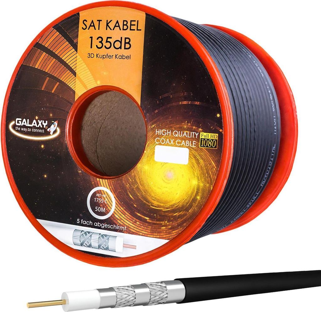 hb-digital 50m Koaxialkabel Galaxy mit Außen Durchmesser 7mm 135dB 5-Fach geschirmt Reines Kupfer schwarz