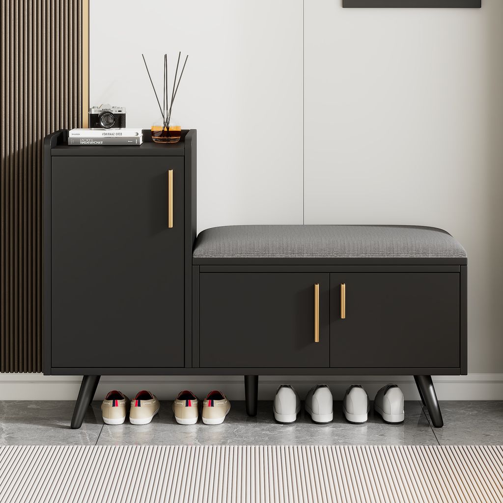 AIORBER Schuhschrank, mit drei Ablagetüren, Metallgriffe, hochwertiges Holz, gepolsterte Sitzfläche,mehrstöckige Ablage, für Flur,100x34x69 cm,...