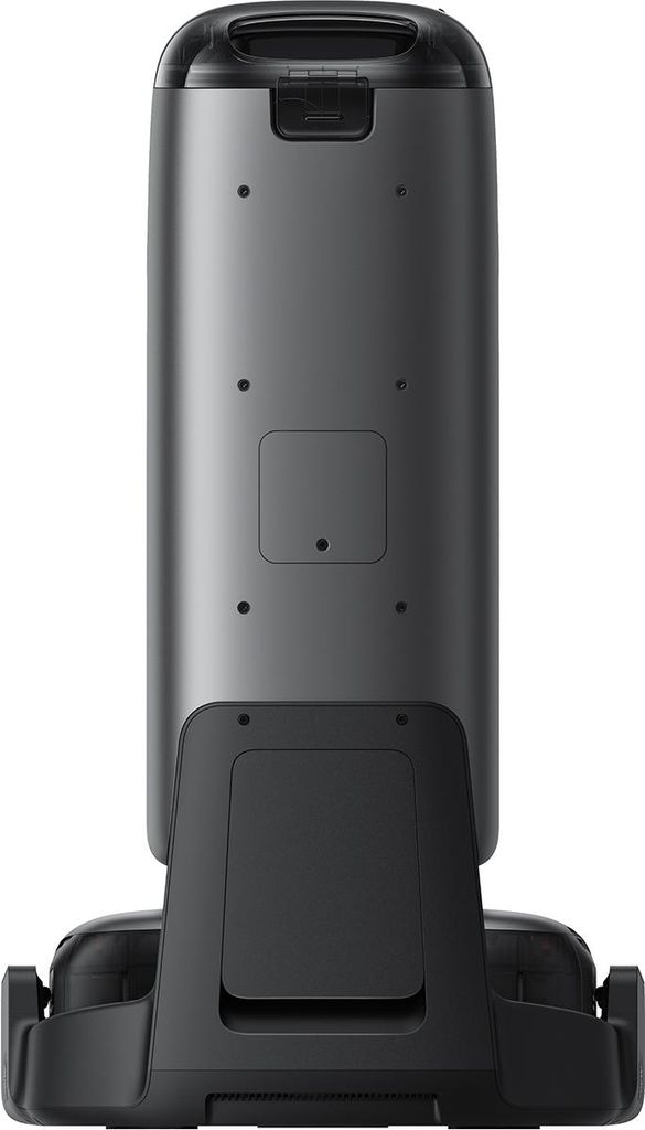 The back view of a robotic vacuum cleaner and its charging dock.