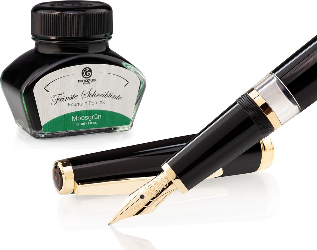 Füllhalter Set Cleo Skribent Classic Gold Schwarz, Kolben-Füllhalter und 30 ml Tinte Grün