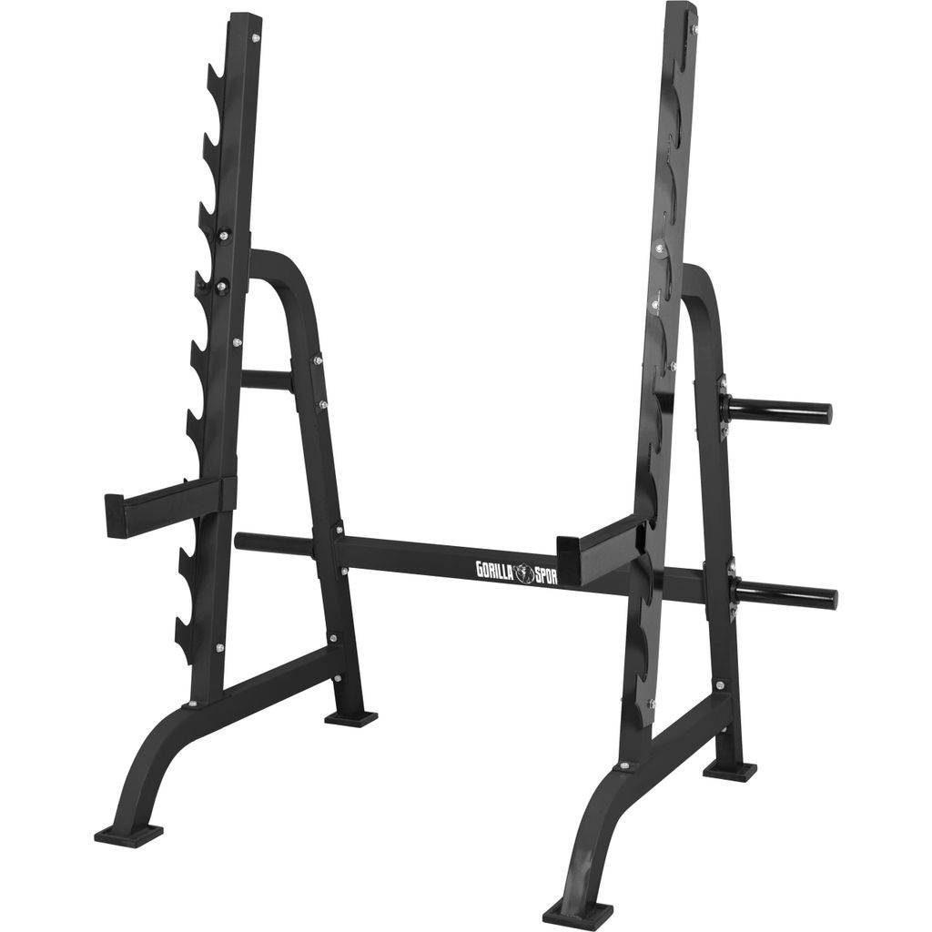 GORILLA SPORTS Squat Rack - mit Hantelscheibenständer, 9 Ablagen für Hantelstange, 162,5 x 115 x 186 cm, Max. 300 kg, aus Stahl - Kniebeugenst...