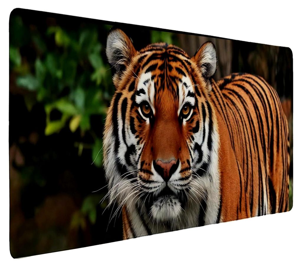 Tiger Schreibtischunterlage 69x31cm XXL Mauspad - Wildes Design für Ihr Büro Foto der leuchtend gelben grünen Augen auf orange-schwarzem Fellmus...