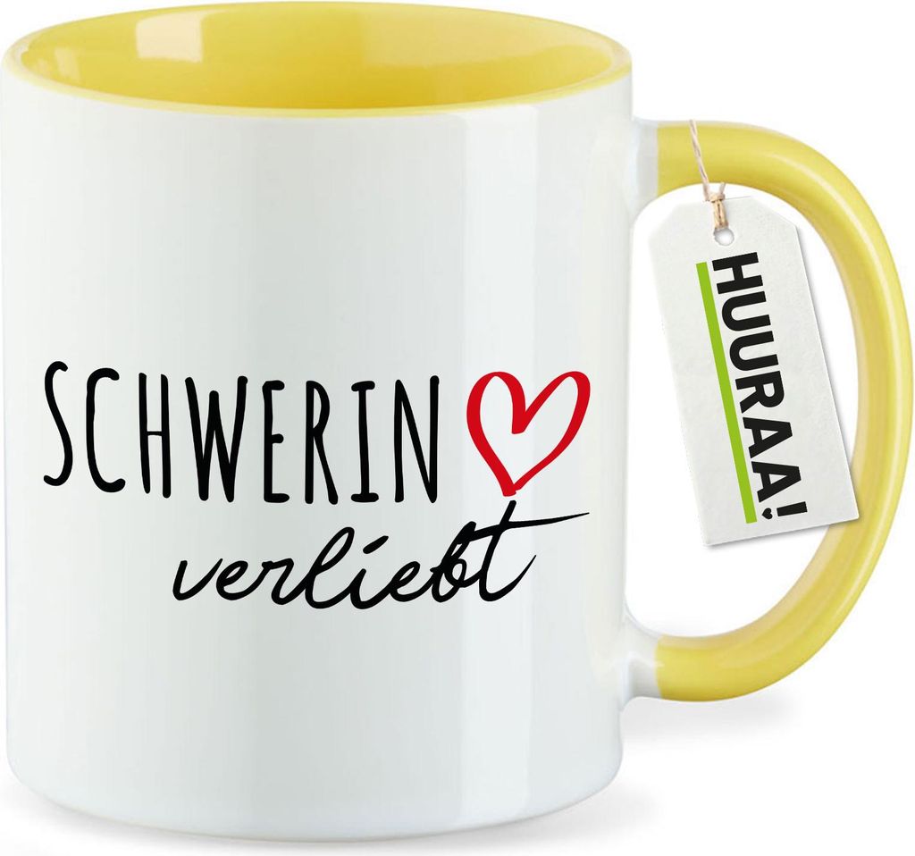 Huuraa Kaffeetasse Schwerin verliebt 330ml Gelb Keramik Kaffeebecher Geschenkidee