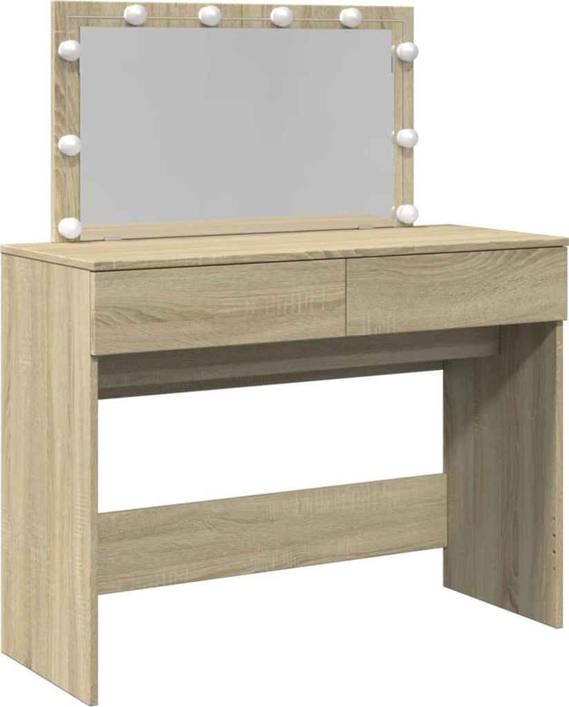 A makeup vanity table with a mirror and LED lights.