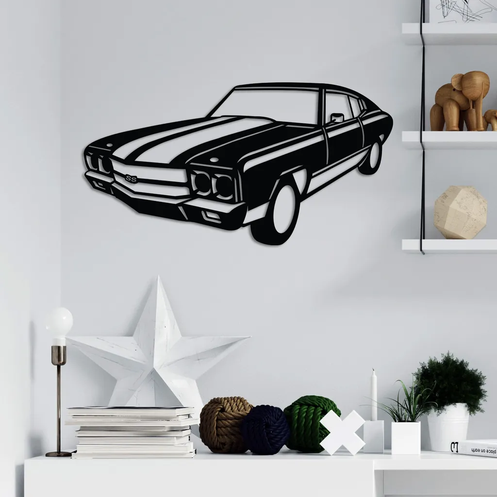 Wallity, Vintage Chevrolet SS Muscle, Accessorio decorativo da parete in metallo, Nero, 100 % METALLO, 60 x 32 cm
