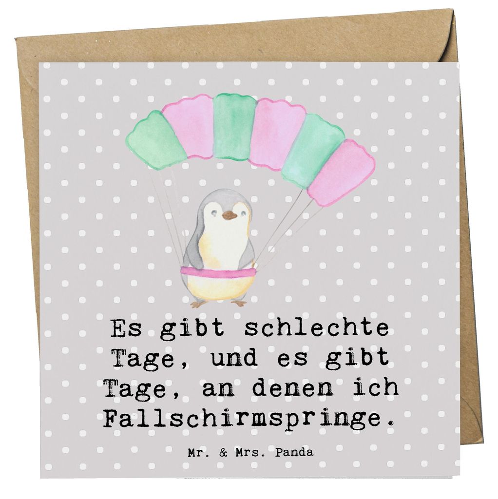 Mr. & Mrs. Panda Grußkarte Pinguin Fallschirm springen - Grau Pastell - Geschenk, anlasskarte, Skydive, Fallschirmspringen, Glückwunschkarte, Kla...