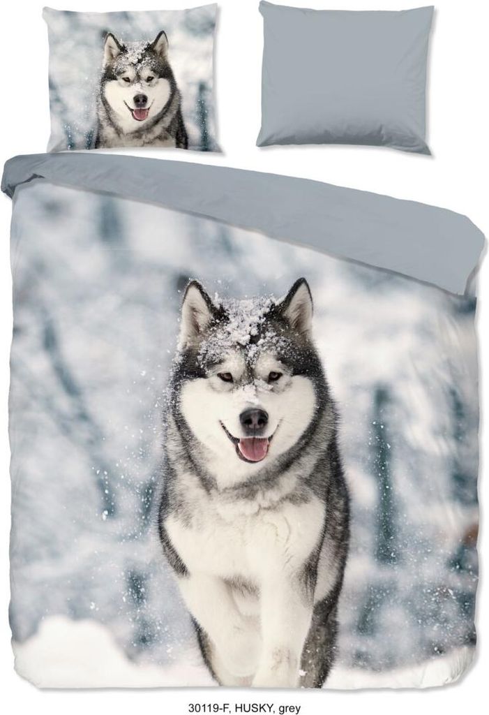 Good Morning Bettbezug "husky hond" - grau - (200x200/220 cm) - Baumwolle 100% Flanellstoff