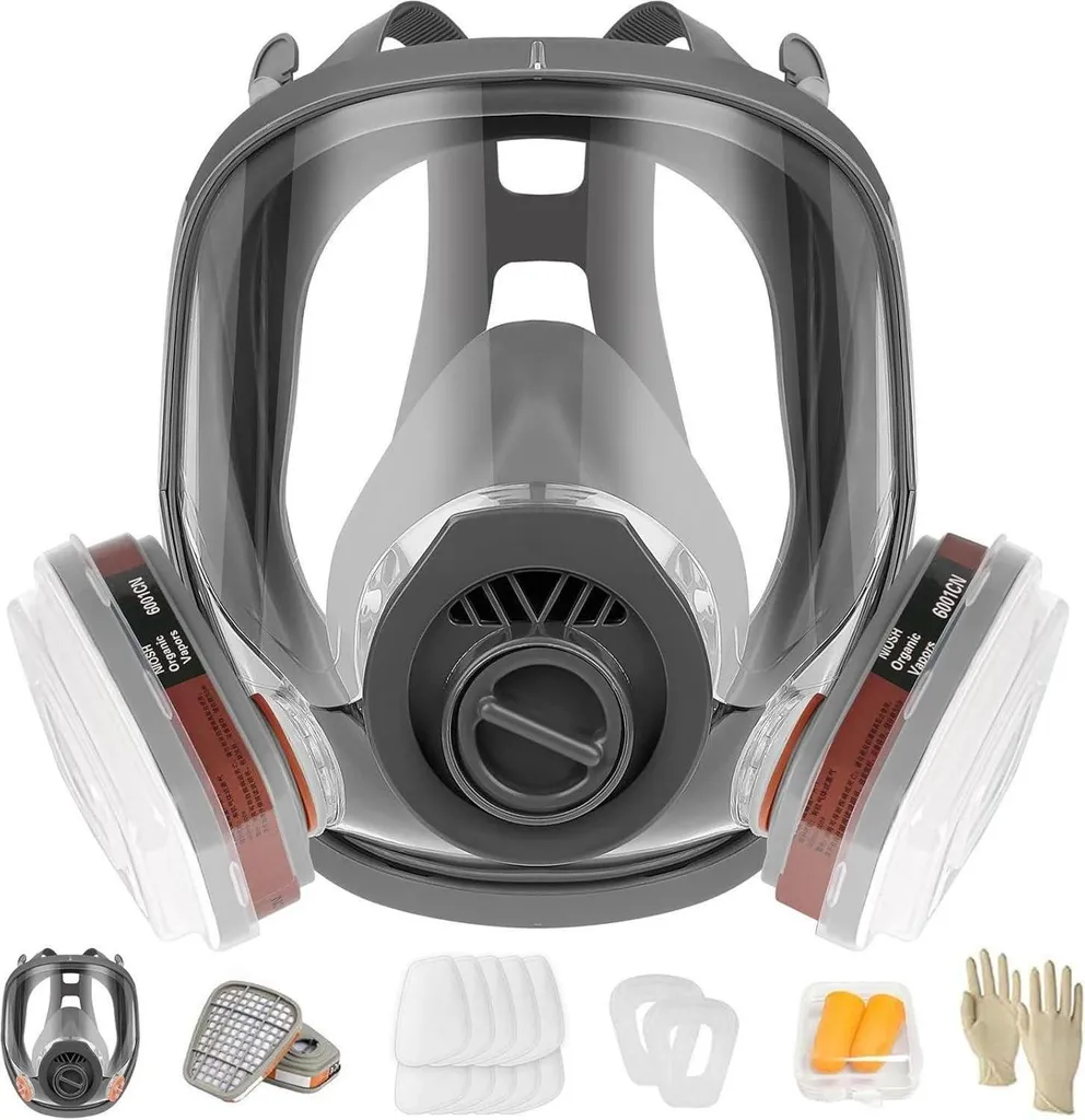 Masque à gaz intégral avec cartouches filtrantes et gants de sécurité