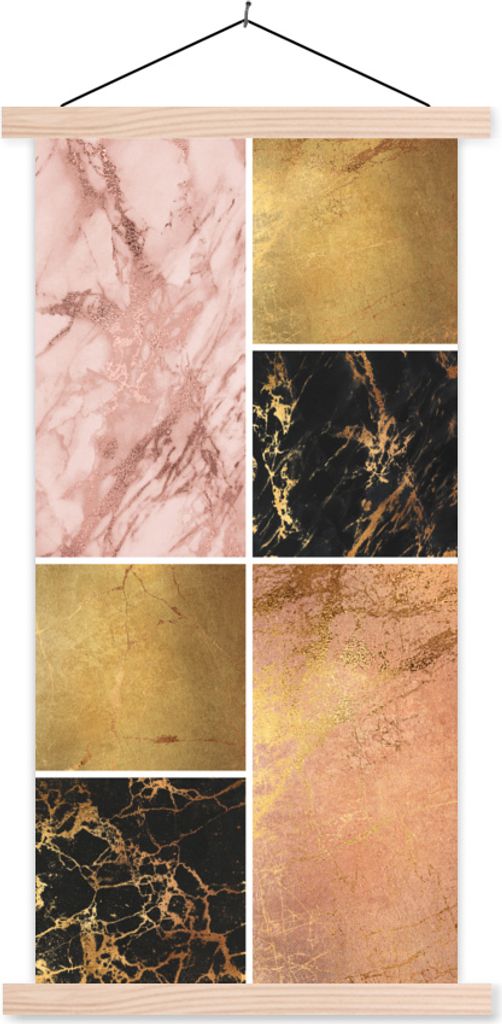 MuchoWow Textilposter Marmor - Rosa - Gold 60x120 cm mit holzfarbenen Rahmen - Holz