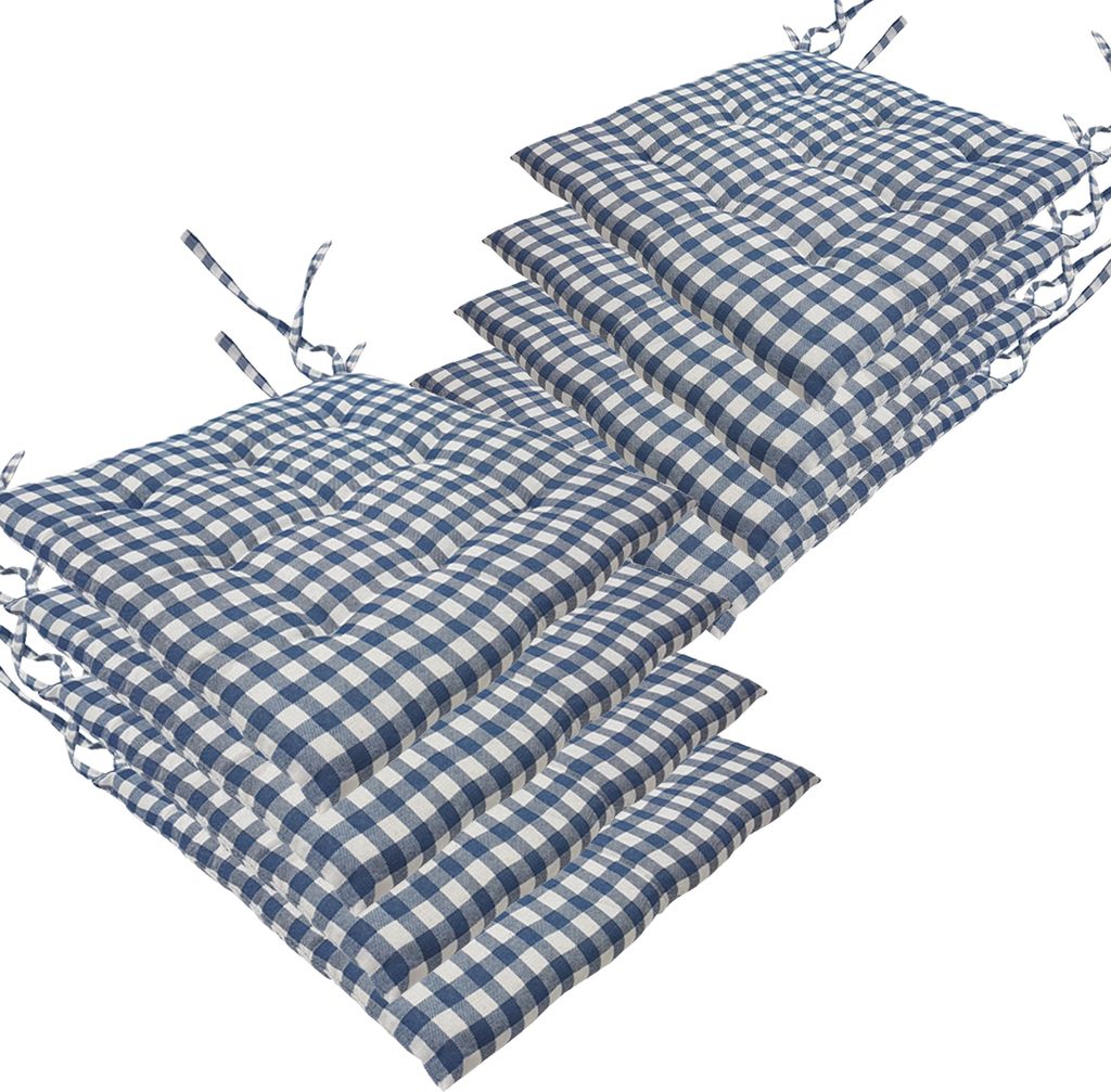 Stuhlkissen 40x40 cm ComfySeat - Sitzkissen mit Bändern / Schleife, 9-fache Steppung - Indoor & Outdoor, Farbe:Karo-Blau, Set:8er Set