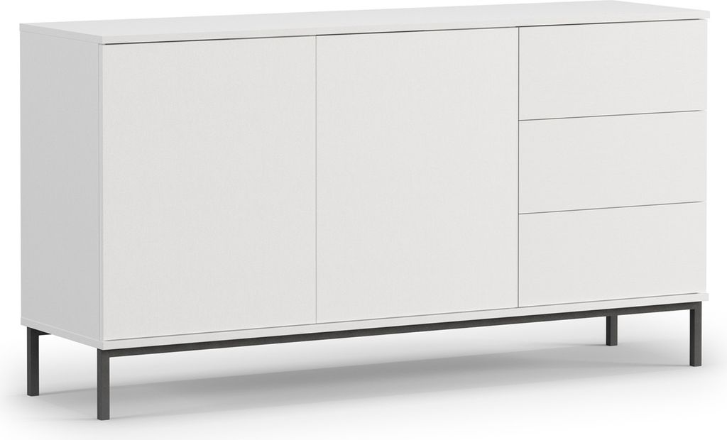A white sideboard with three drawers on the right and two doors on the left, set against a white background.