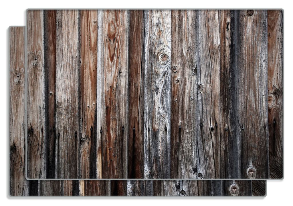 Wallario Frühstücksbrettchen 2er Set aus Glas, je 20 x 30 cm, mit rutschfesten Füßen, Motiv Alte Holzwand - Holzplanken in grau und braun