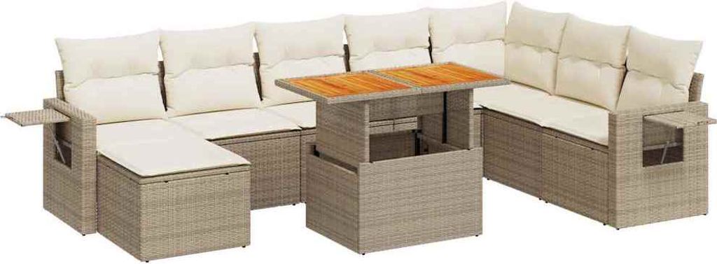 9-tlg. Garten-Sofagarnitur mit Kissen Beige Poly Rattan