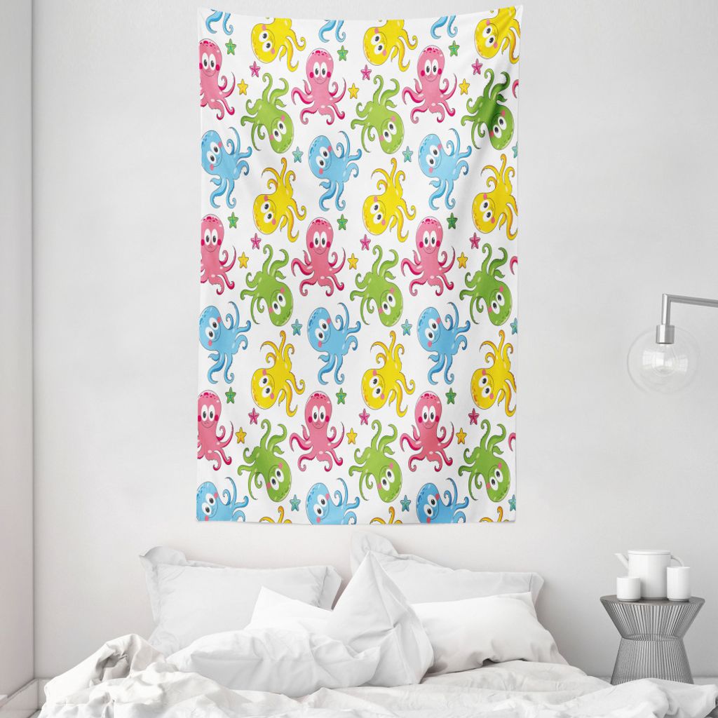 ABAKUHAUS Tintenfisch Wandteppich und Tagesdecke, Fröhlich Ozean Tiere aus Weiches Mikrofaser Stoff Waschbar ohne Verblassen Digitaldruck, 140 x 2...