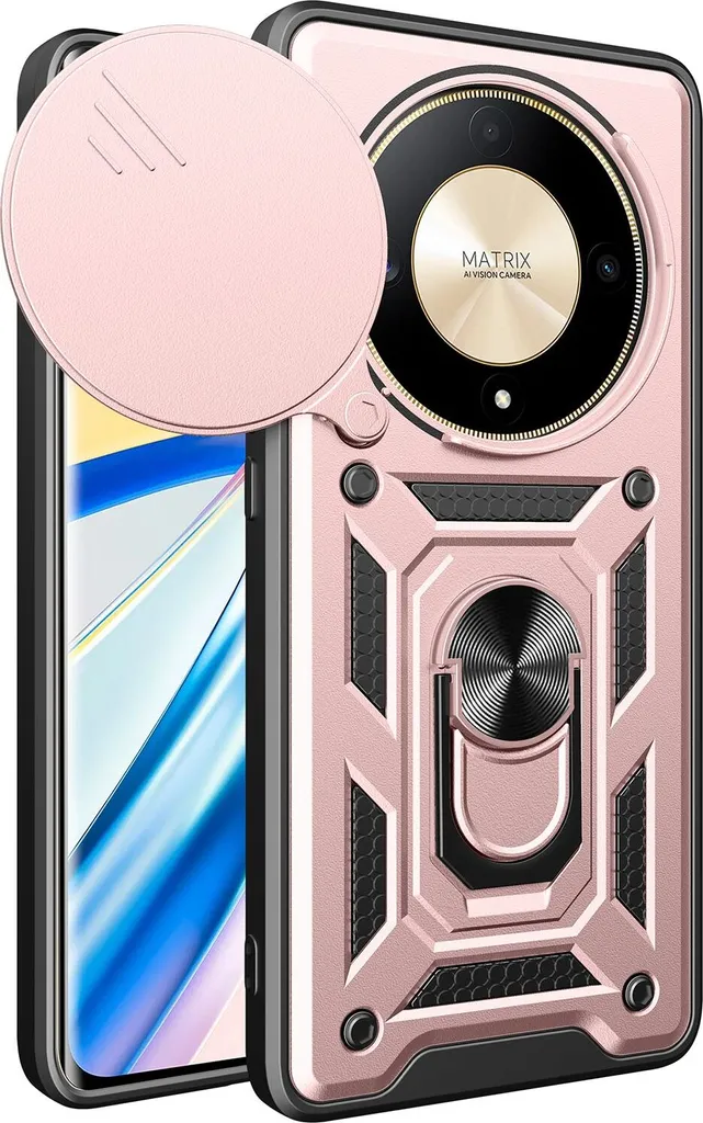 Custodia per Honor Magic6 Pro, Custodia in silicone TPU Bumper con supporto ad anello, protezione per fotocamera rosa