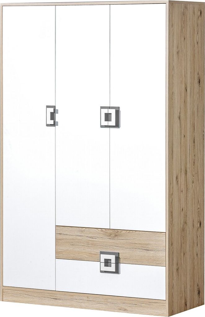 Furniture24 Kleiderschrank NICO 01, 3 Türiger Drehtürenschrank, Schrank mit 2 Schubfächern, 4 Einlegeboden und Kleiderstange Hell Eiche/Weiß/Grau