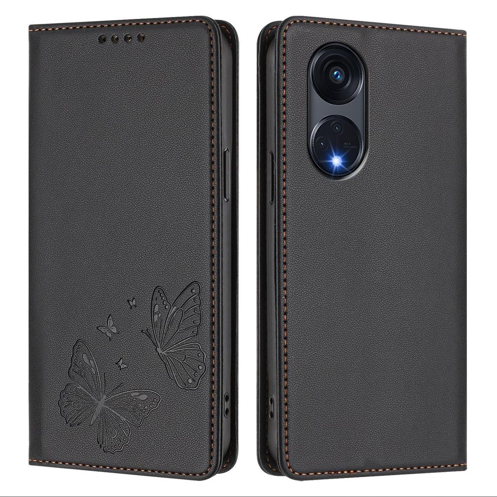 Lederhülle für Oppo Reno8 T 5G, Schmetterling Prägung Leder Brieftasche Schutzhülle mit Ständer Schwarz
