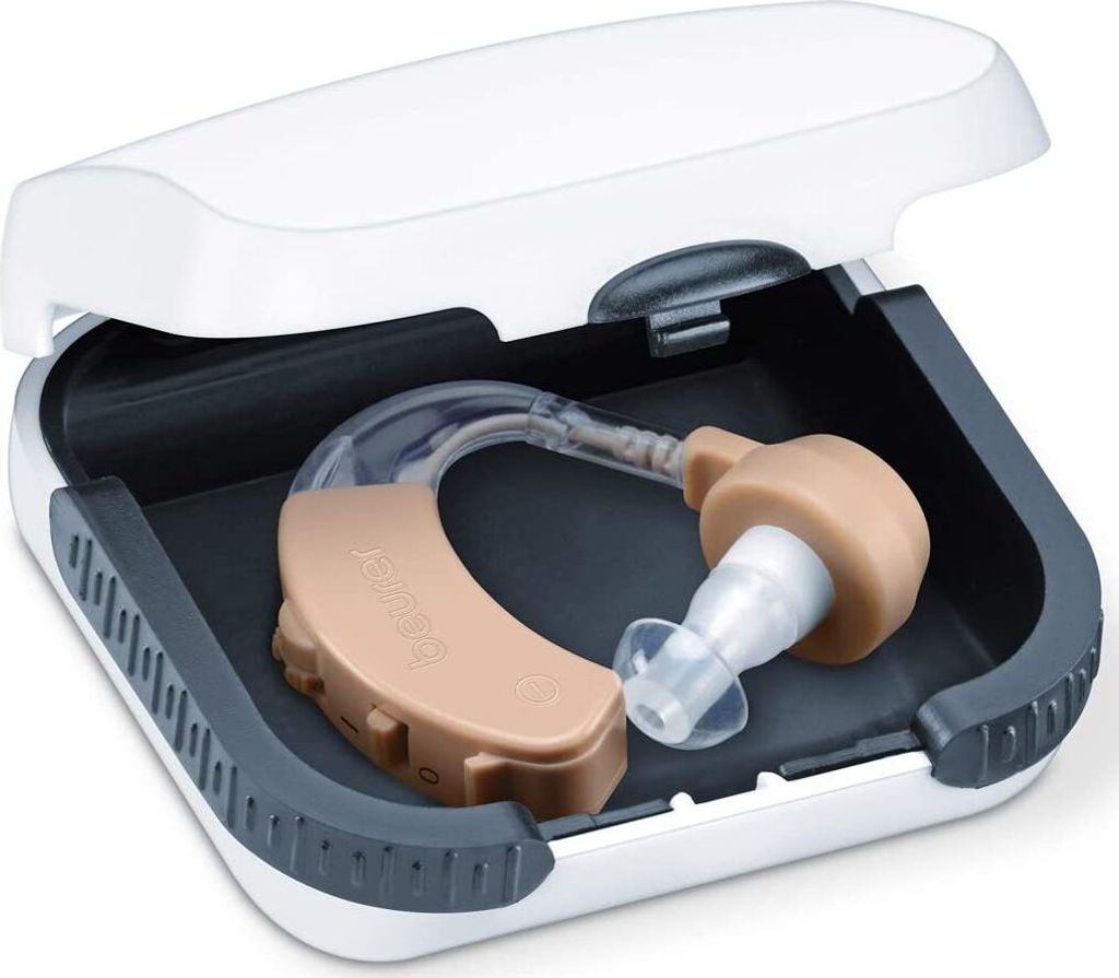 A hearing aid is shown inside its open case.