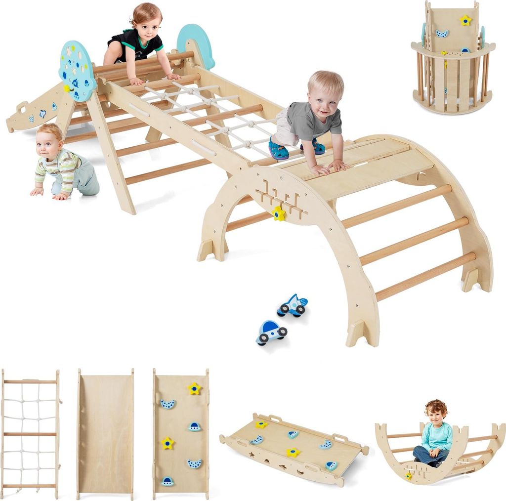 GOPLUS Klettergerüst, 4er Set Kletterspielzeug mit Kletternetz, Kletterbogen, Wippe & Leiter, inkl. Baustein Set, Kletterdreieck für Kinder, Astr...