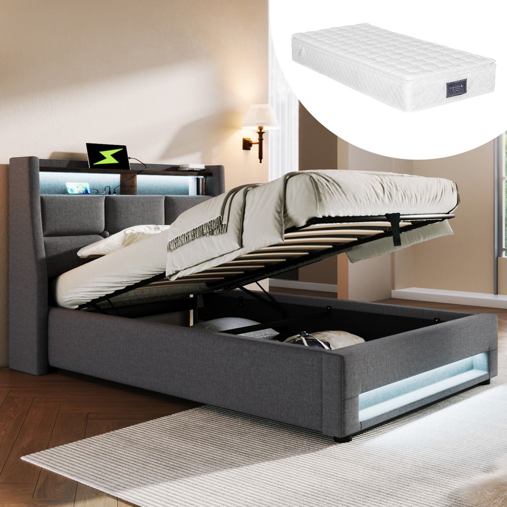 STILVORA Boxspringbetten Polsterbett 90x200cm Jugendbett,Bettgestell Hydraulisches Bettkasten mit LED-Erleuchtung & USB,Leinen,Grau(Mit Matratze)