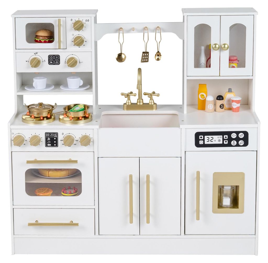 COSTWAY Kinder-Spielküche, Holz-Spielset mit Herd, Spüle, Wasserhahn, Backofen, Eismaschine, Mikrowelle&Kaffeemaschine, Kinderküeche, für Kinde...