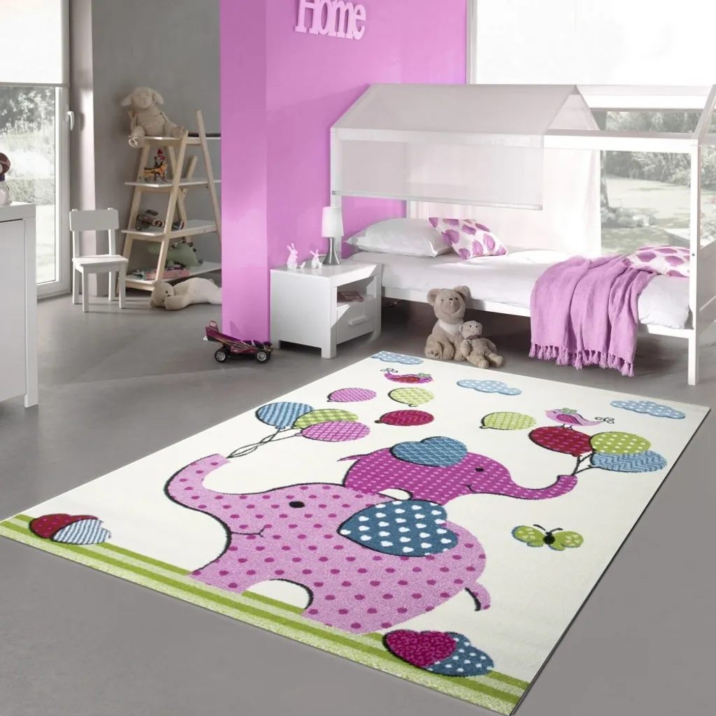 Tapis de sol enfant design éléphant, coloris rose et crème, 140x200