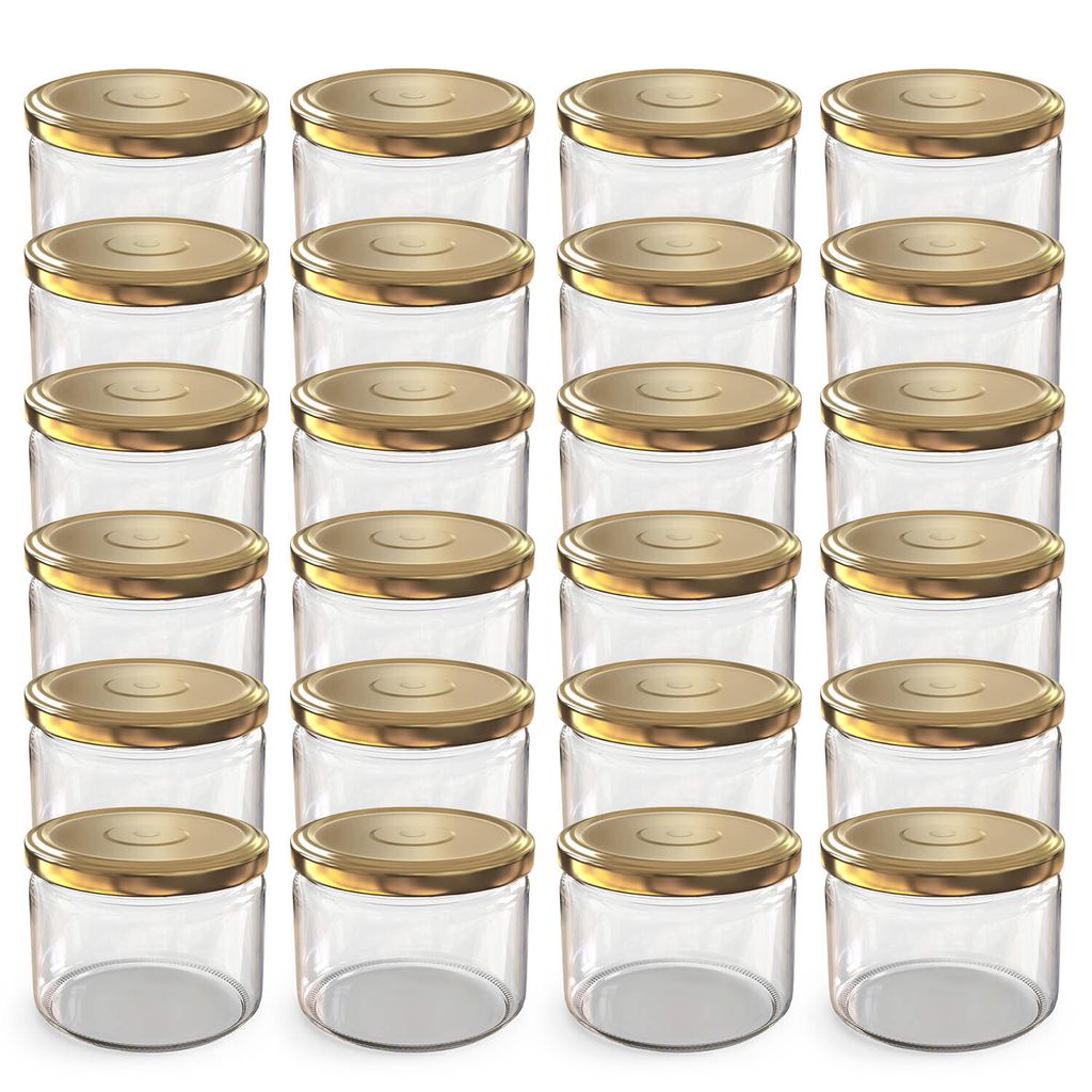 A grid of clear glass jars with gold lids.