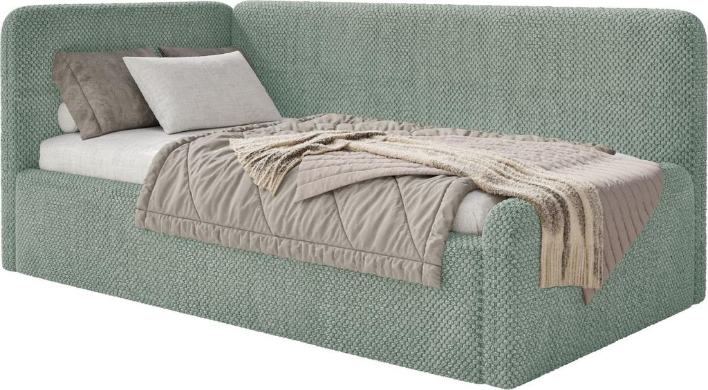 Selsey Fanko – Jugendbett 90x200 cm mit Matratze, Kopfteil links, Plüsch, Salbeigrün