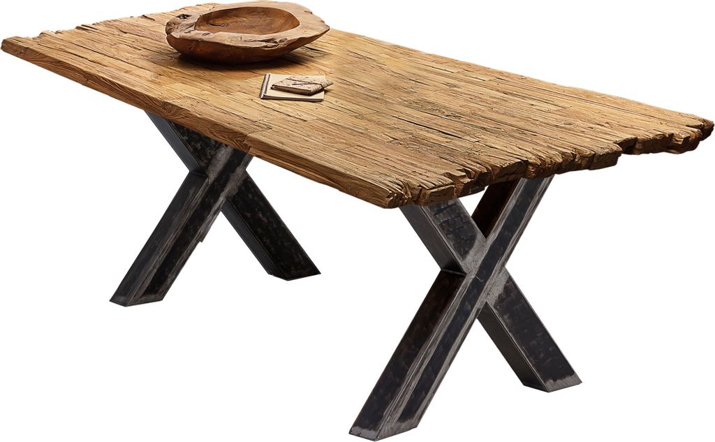 TPFLiving Tisch 220x100 cm Platte recyceltes Teak, Gestell Metall Platte natur, Gestell used look, klar lackiert