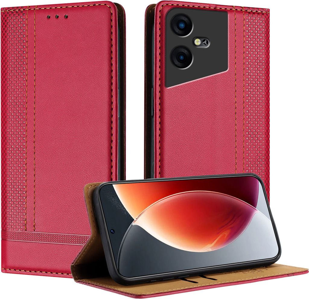 Handyhülle für Tecno Pova Neo 3 Leder Flip Klappbare Schutzhülle mit Standfunktion Rot