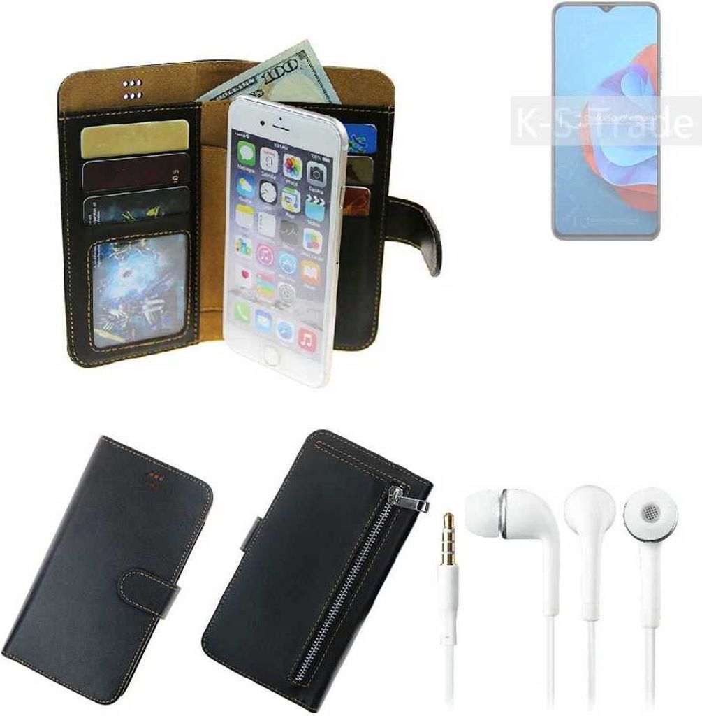 TOP SET Handy Hülle Schutz Hülle kompatibel mit Coolpad Cool 20s schwarz aus Kunstleder + Kopfhörer Smartphone Tasche vollwertige Geldbörse