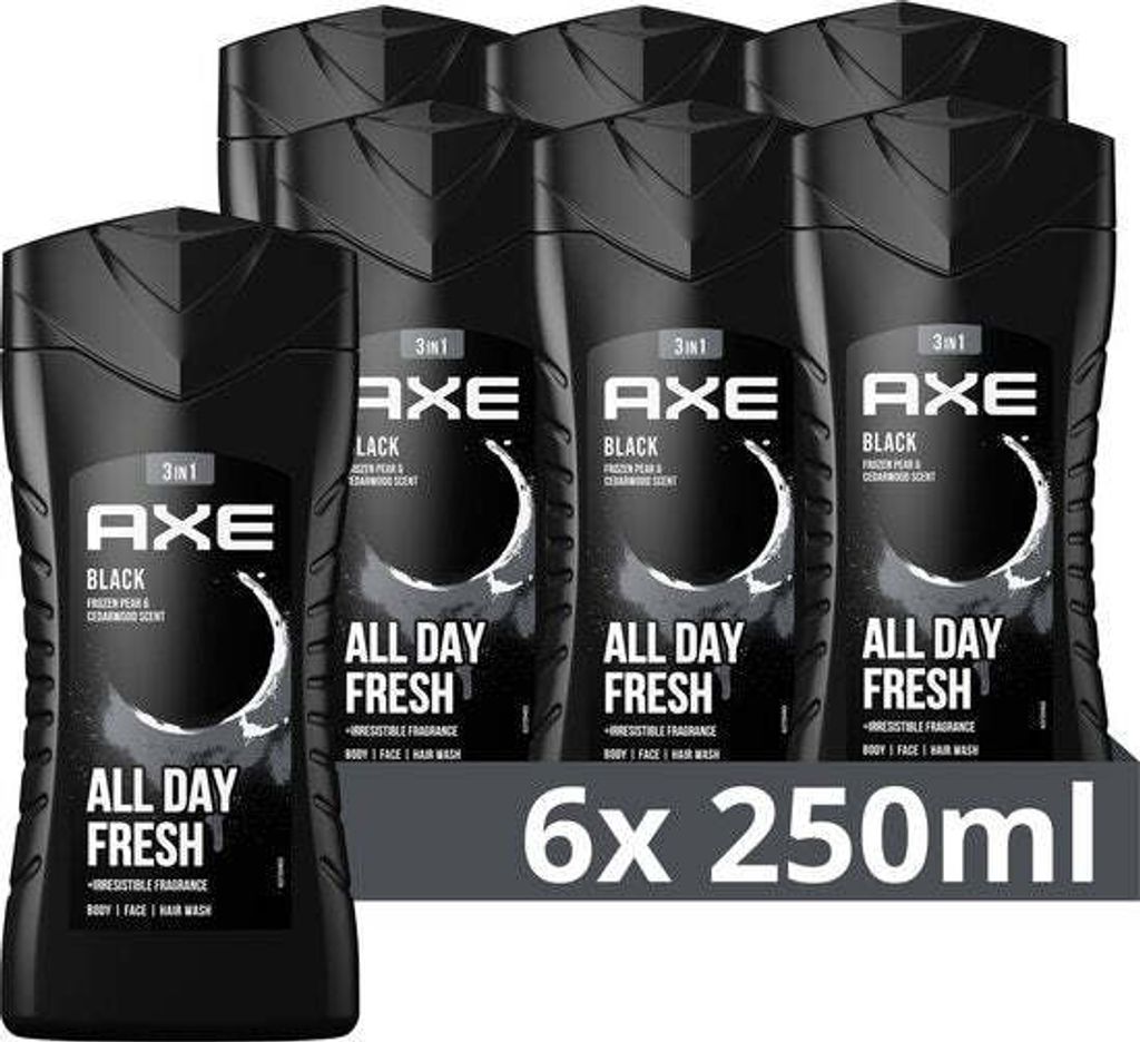 Axe AXE 3-in-1 Duschgel - Schwarz - mit dem raffinierten und subtilen Duft von gefrorener Birne und Zedernholz - 6 x 250 ml