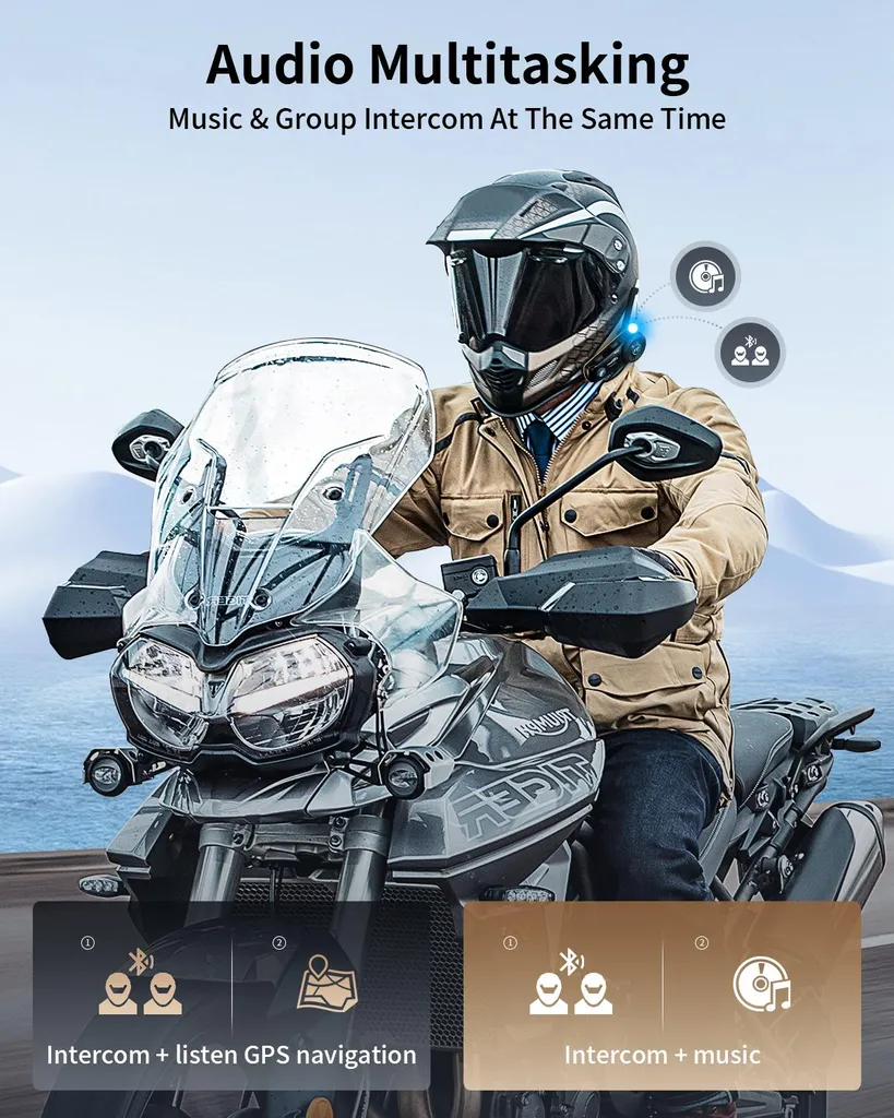 Kit Interphone Moto Bluetooth Multi-utilisateurs Portée 2km Radio FM