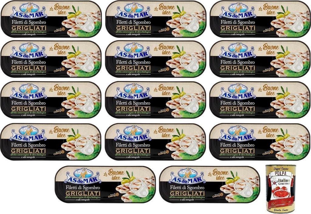 14x AS do MAR Filetti di Sgombro Grigliati,Gegrillte Makrelenfilets in -Olivenöl Extra und Vollsalz,120g Dose + Italian Gourmet Polpa di Pomodoro ...