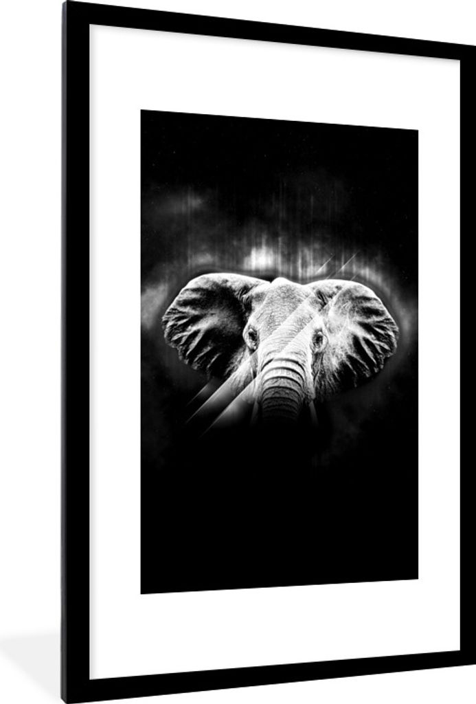 MuchoWow Gerahmtes Poster Elefant mit großen Ohren auf abstraktem Hintergrund - schwarz und weiß 60x90 cm - Poster mit Schwarzem Bilderrahmen W...