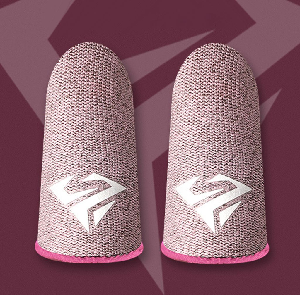 Two pink finger sleeves with a white logo are shown against a purple background.