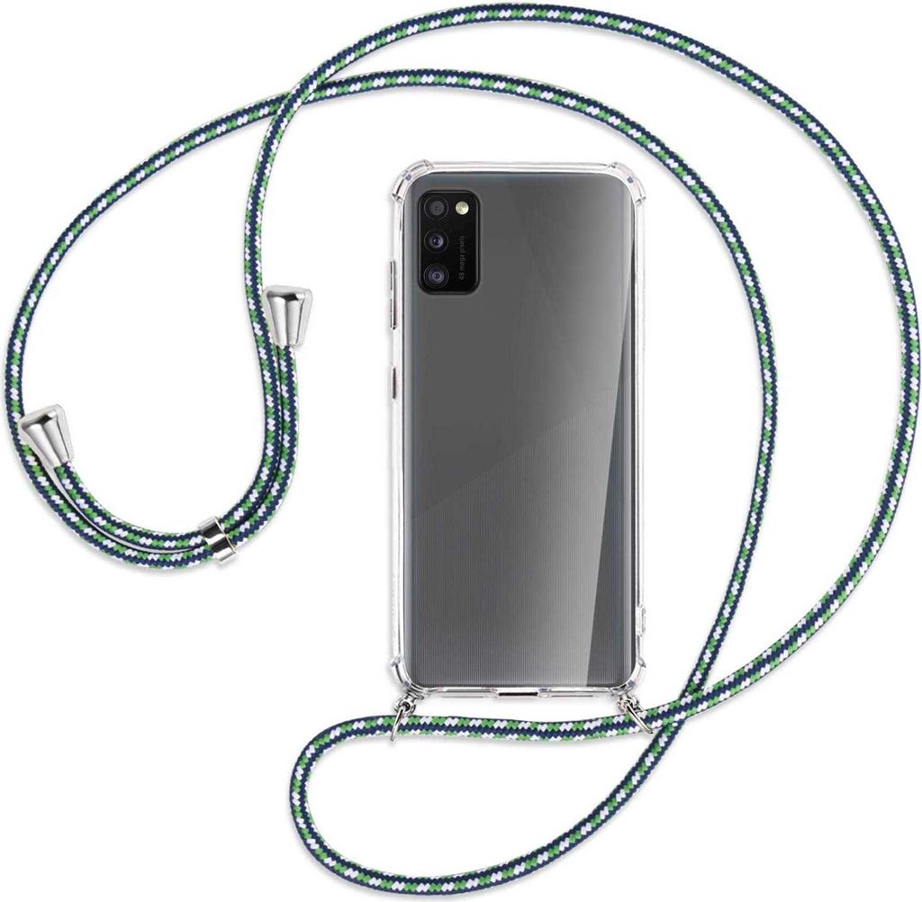 Handykette Backcover-Schutzhülle mit Band (Metall silberfarben) für Samsung Galaxy A41 (A415) - grün/blau/weiß