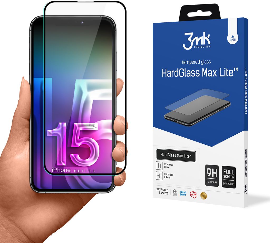 3mk Display Gehärtetes Glas HardGlass Max Lite für iPhone 15 0,3mm 9H