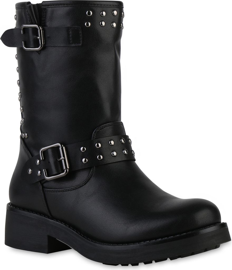 VAN HILL Damen Leicht Gefüttert Bikerstiefel Stiefel Nieten Schnalle Schuhe 841447, Farbe: Schwarz, Größe: 36