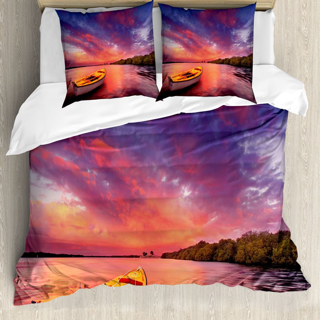 ABAKUHAUS Sonnenuntergang Bettbezug, Meerküste mit einem Ruderboot, Milbensicher Allergiker geeignet mit Kissenbezügen, 155 cm x 220 cm - 80 x 80...