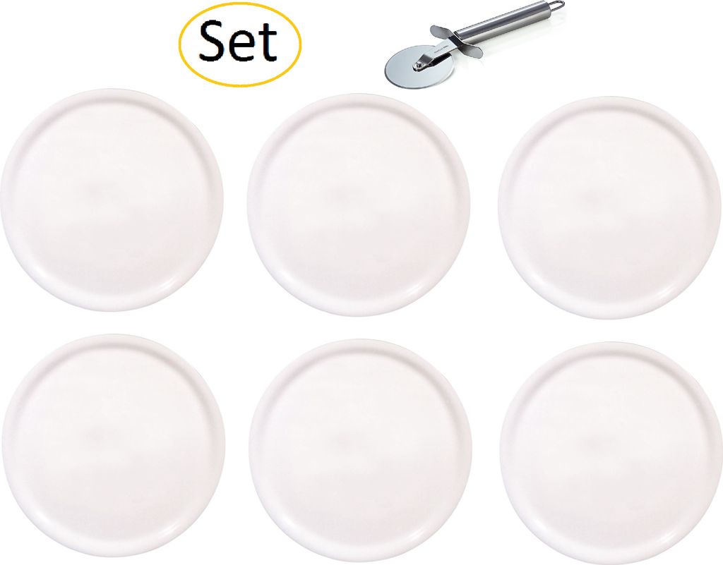 Saturnia Pizzateller - Serie Napoli - im Set Inklusive Pizzaschneider/Pizzaroller - Weiss (6, Ø33cm)