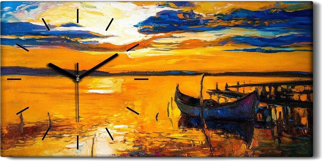 Wohnzimmer-Bild Leinwand Uhr Geräuschlos 60x30 Wasser Boot Brücke Himmel Wolken - schwarze Hände