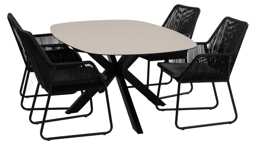 5-teiliges Garten-Set | 4 Mona Gartenstühle (Schwarz) | Malaga Gartentisch 180 cm (Schwarz)