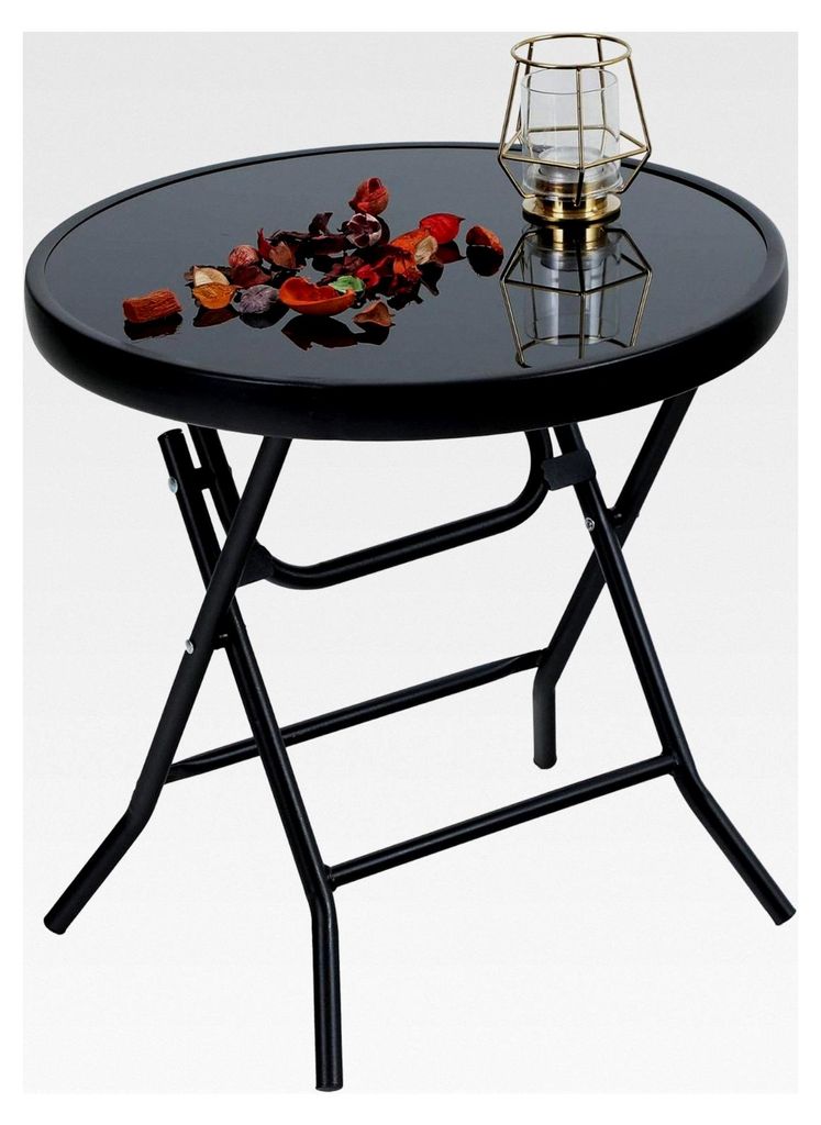 Klappbarer runder Beistelltisch aus Glas und Metall für Garten, Balkon und Wohnzimmer