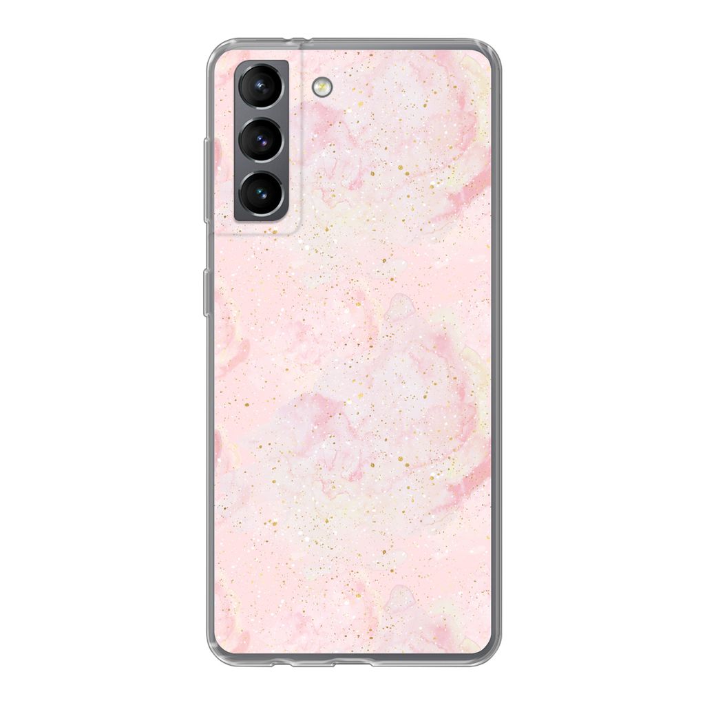 MuchoWow Handyhülle Schutzhülle Hülle für Samsung Galaxy S21 Marmor - Rosa - Glitter - Gold - Muster Silikon Softcase Handy Hülle - Softcase