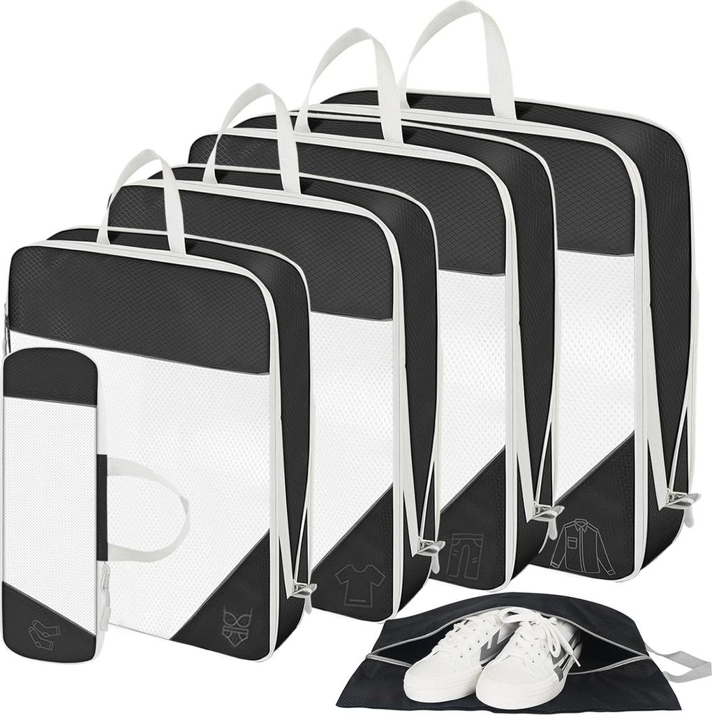 Kompressions-Packwürfel für Koffer - 6-teiliges Reisegepäck-Organizer-Set mit atmungsaktivem Netz und wasserdichtem Design