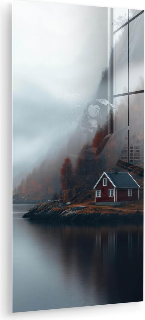 MuchoWow Glasbilder - Bilder auf Wandbild - Foto auf Glas Haus - Rot - Berge - Wasser 40x80 cm Wanddekoration aus Glas - Acrylglasbild - Acrylbilde...